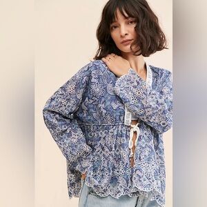 Free People Anissa Bed Jacket Blue and White Ruffled Tie Front Blouse Size Small